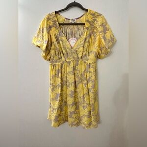 Umgee Mini Dress Yellow and Gray Feminine‎ Flowy Floral NWT